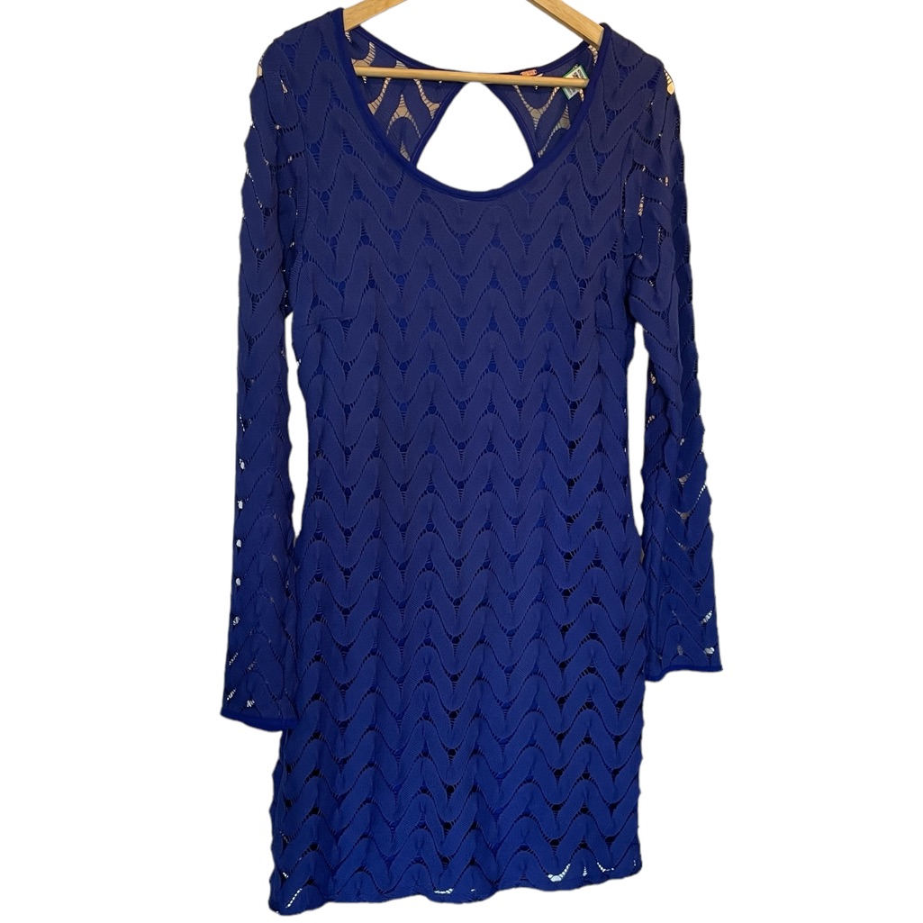 Free People Blue Lace Knit Open Back Midi Dress Long Sleeve - Size Large